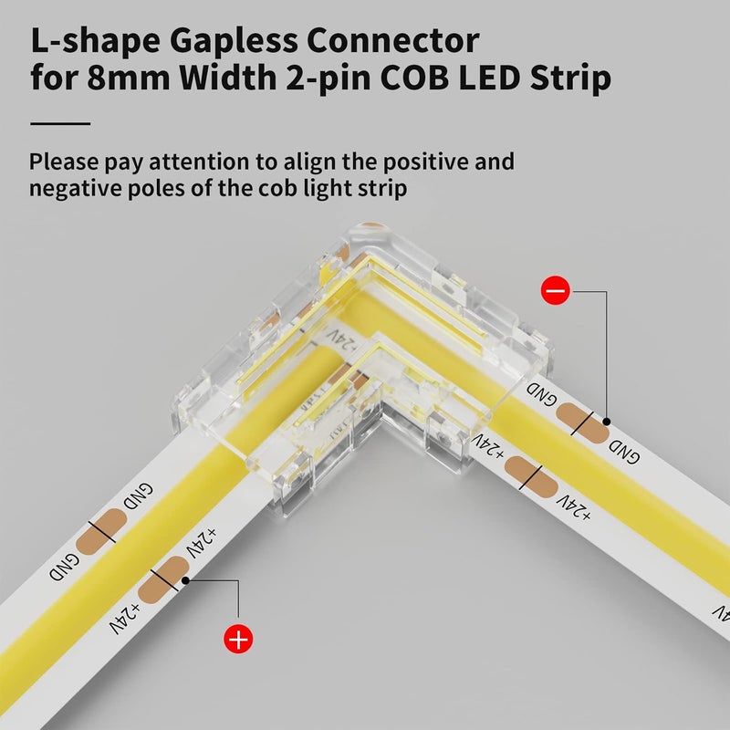 PAUTIX 8mm 2-Pin COB Connector 8pcs L-Shaped/Corner Connectors,Reusable Solderless Adapter Terminal Extension Connection,2pcs Gapless Strip to Strip Connectors for COB LED Strip Lights,SMD LED Strips - Image 2